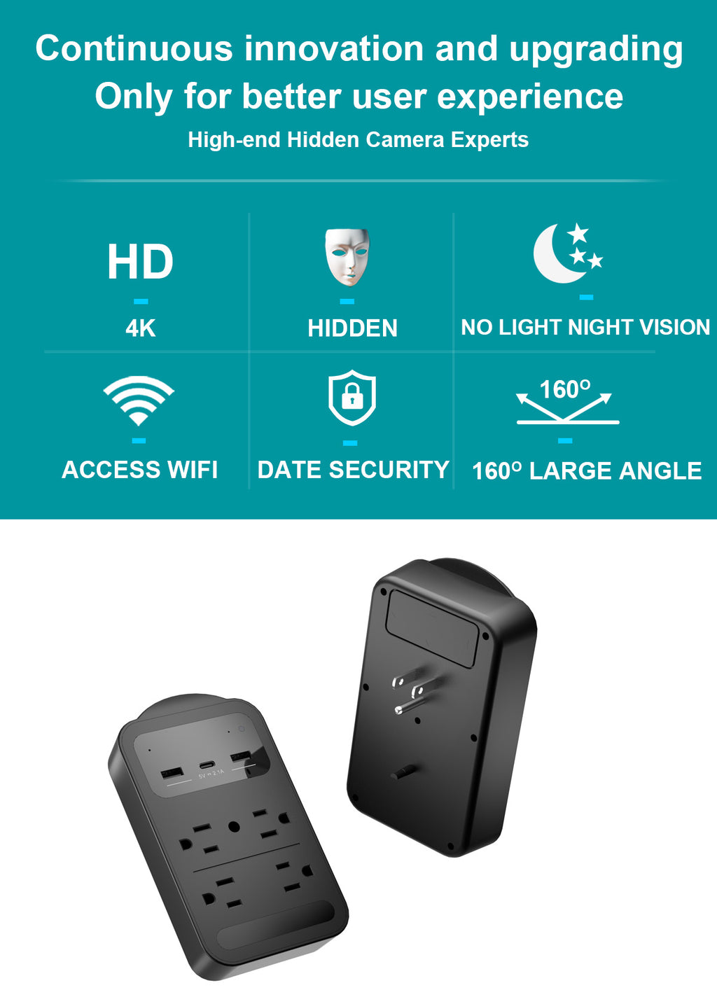 CAMDUCK XN 4K HD 160°Wide Angle Nanny Camera Wall Socket Hidden Cameras With Night Vision For Home Monitor Spy Camera