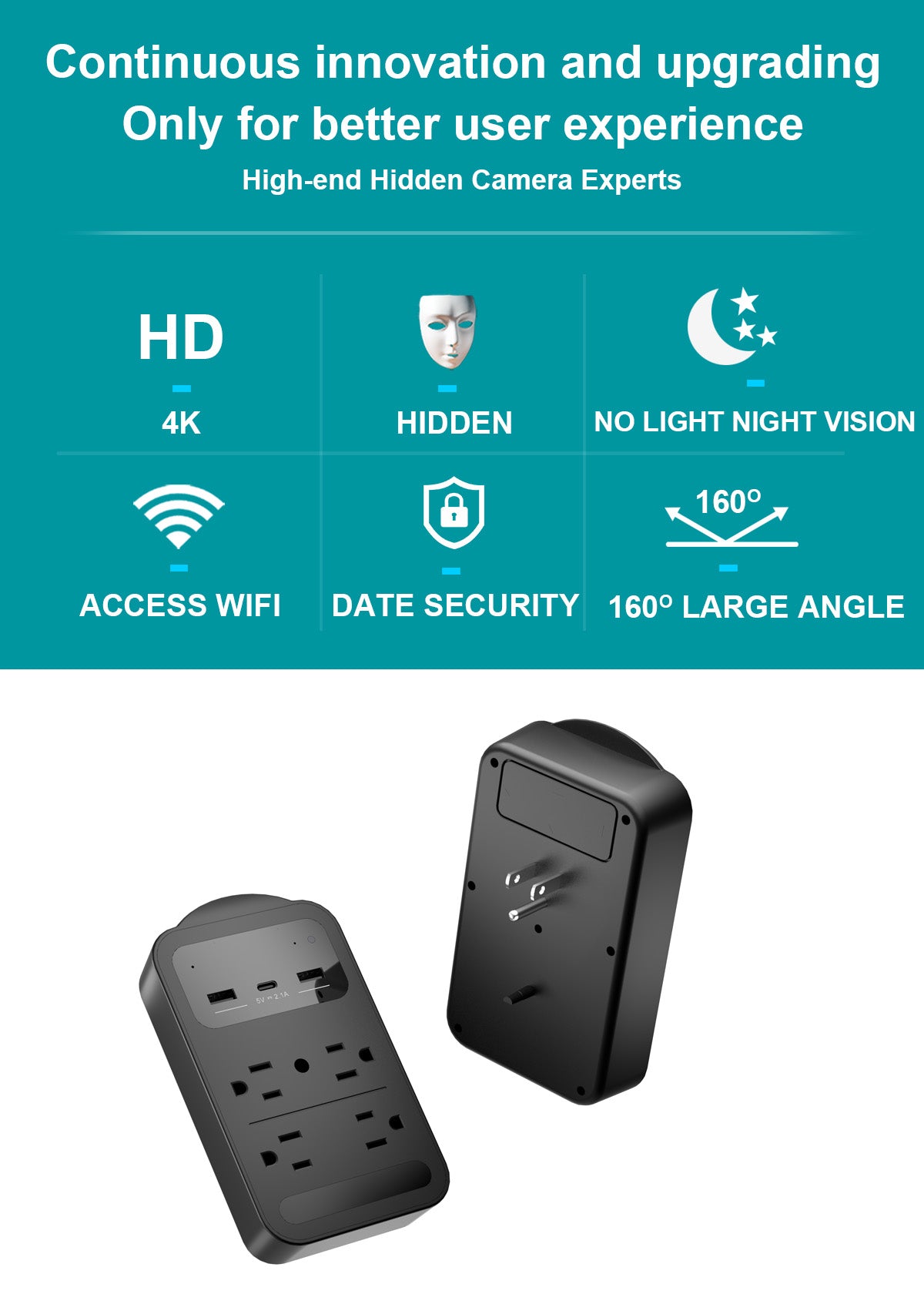 CAMDUCK XN 4K HD 160°Wide Angle Nanny Camera Wall Socket Hidden Cameras With Night Vision For Home Monitor Spy Camera