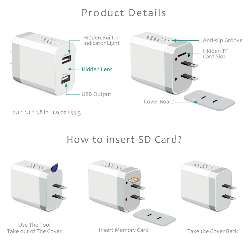 CAMDUCK Hidden Spy Cam- USB Charger Camera - HD 1080P Mini WiFi Security Camera - Small Micro Wireless Nanny Cam for Home Indoor Security